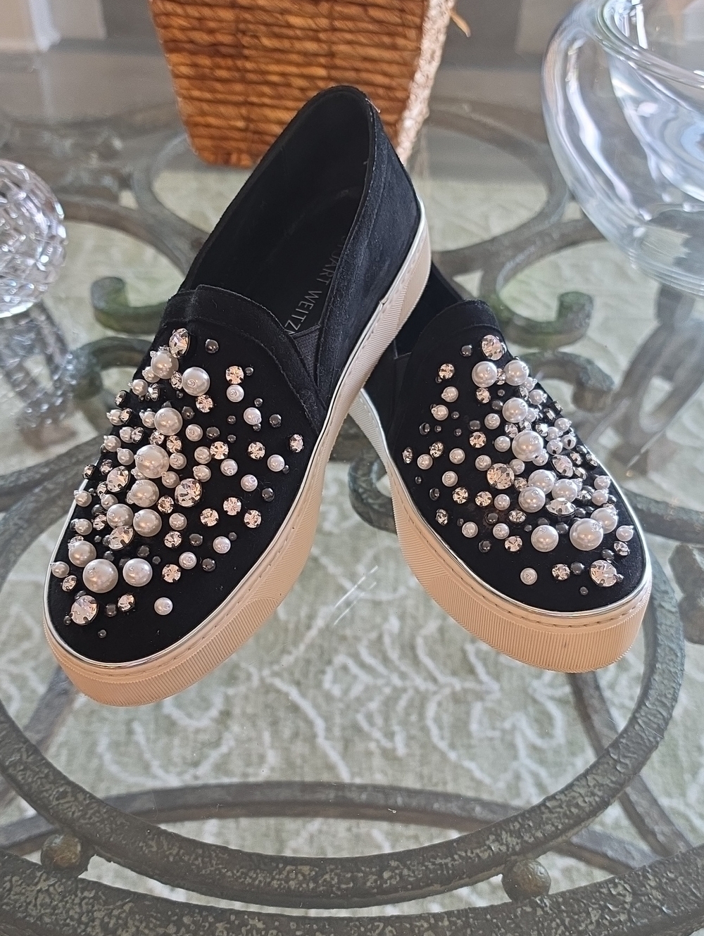 Stuart Weitzman Black Suede Pearl Crystal Embellished Platform Sneakers 7.5 M